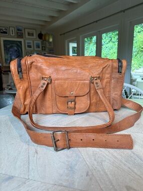 Handmade Camel / Tan Leather Weekender Duffle Bag - Never Used